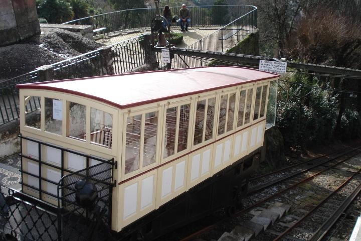 Funicular on the Braga tour, passing over lush greenery and historic architecture at Bom Jesus Sanctuary.