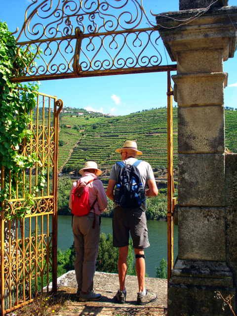 A pair of seniors looks out through a gate, taking in the stunning vistas of the Douro Valley on their hike.