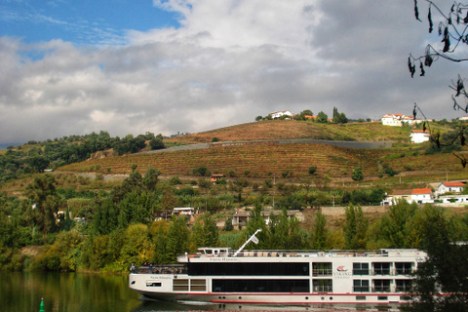 A charming boat sailing on the tranquil waters of Portugal's Douro Valley, framed by stunning hills and vineyards.