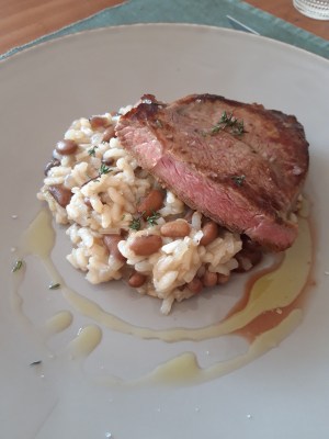 a plate of food with rice meat and vegetables. cachena steak