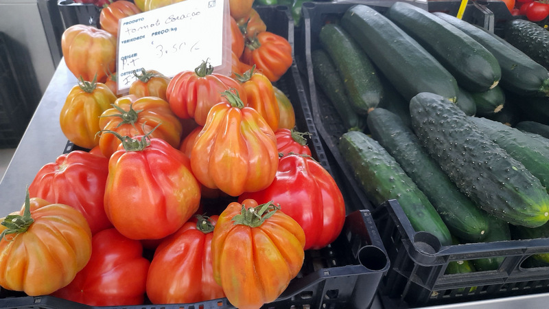 boxes with tomatoes and cucumber on display farm market in Portugal