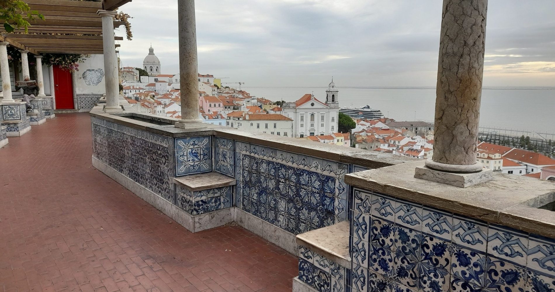 Overhead perspective of Lisbon, highlighting the city's unique layout and colorful buildings from a stunning viewpoint.