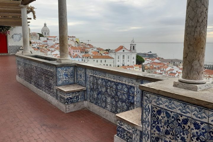 Overhead perspective of Lisbon, highlighting the city's unique layout and colorful buildings from a stunning viewpoint.