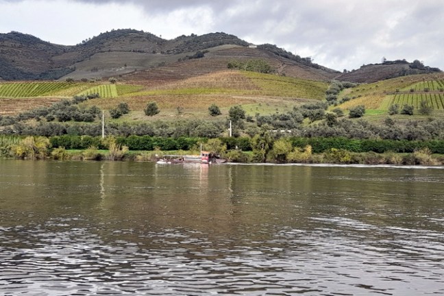 A tranquil scene of a boat on the Douro River, surrounded by stunning mountains, showcasing the landscape's charm.
