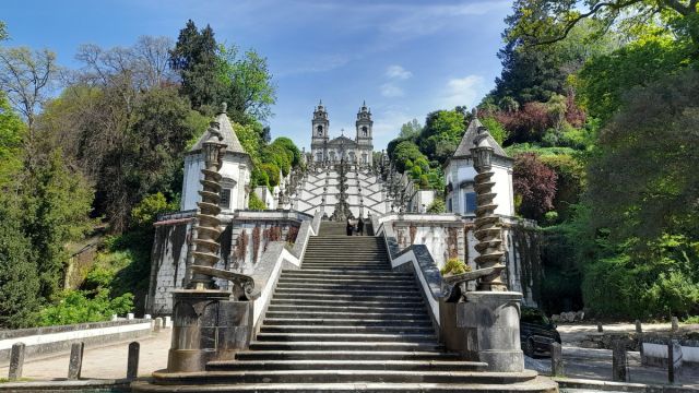 Overhead perspective of Bom Jesus church, highlighting its beauty during a Braga tour against a picturesque backdrop.