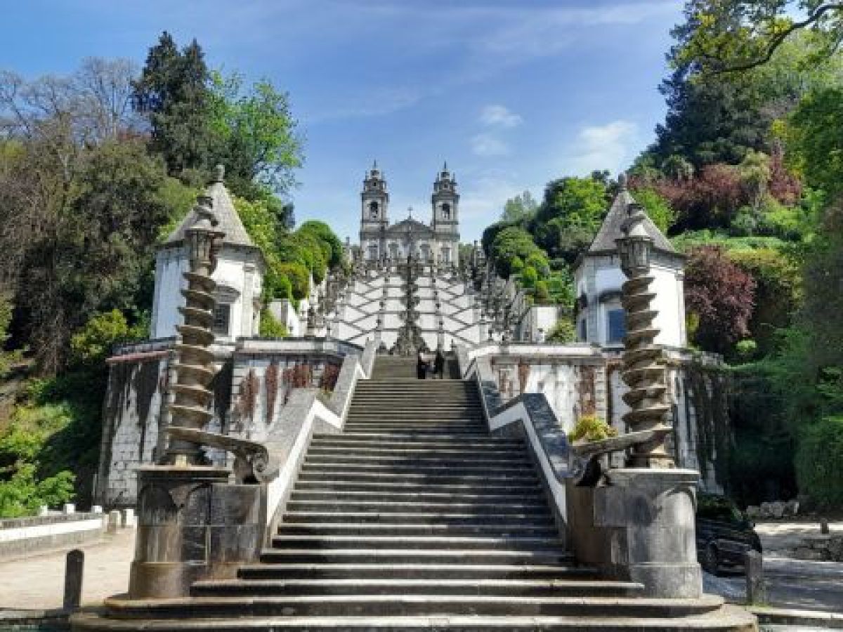 Overhead perspective of Bom Jesus church, highlighting its beauty during a Braga tour against a picturesque backdrop.