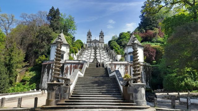 Bird's-eye view of Bom Jesus church, capturing its grandeur and the surrounding scenery during a tour in Braga.