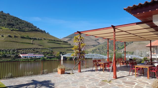Scenic patio overlooking the Douro River, perfect for cooking classes in Portugal, surrounded by lush greenery and vibrant flowers.