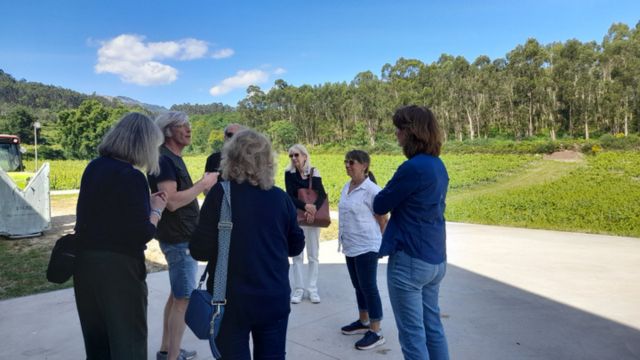 A cheerful group enjoys a private wine tasting in Portugal, with a skateboard nearby, capturing the essence of fun and relaxation.