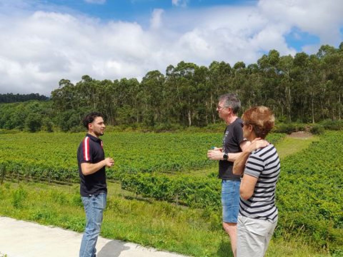 A man and woman stand on a scenic road in Portugal, surrounded by lush landscapes, ready for wildlife tours and winery visits.