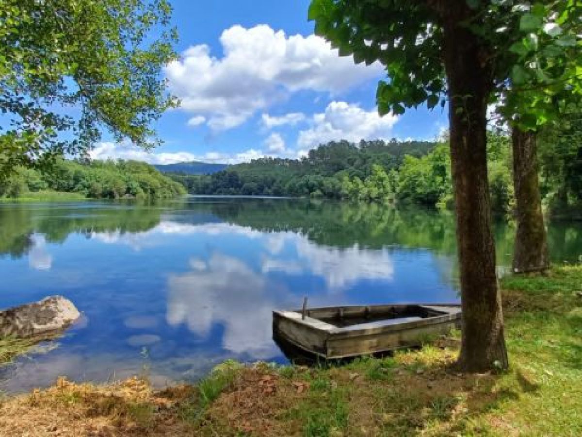 A tranquil boat on the lake's edge, capturing the essence of Portugal's countryside and its rich traditional culinary experiences.