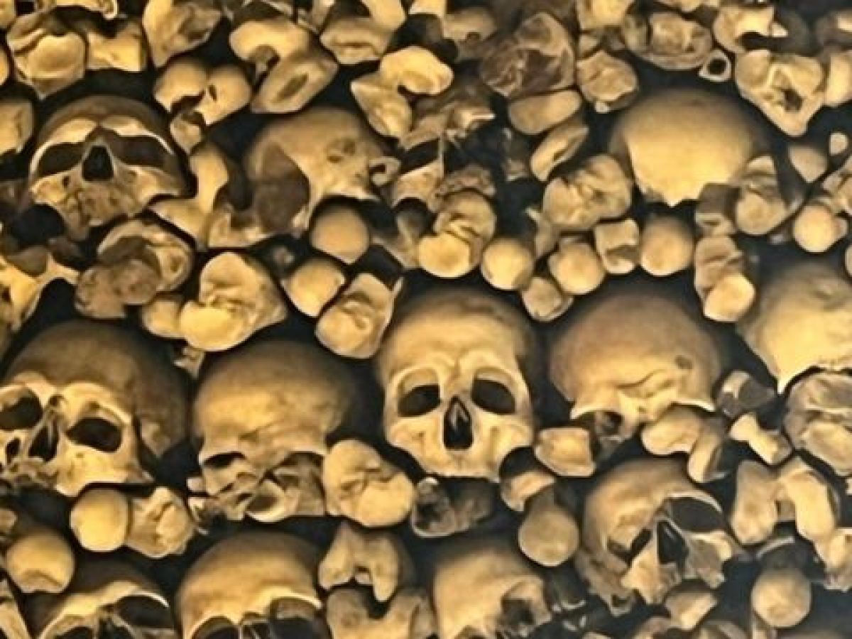 A significant collection of skulls stacked in the Chapel of Bones, located in Evora, Portugal, reflecting its macabre history.