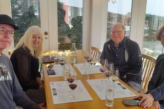 Four people enjoying a private wine tour in the Douro Valley, seated at a table with wine glasses in hand.