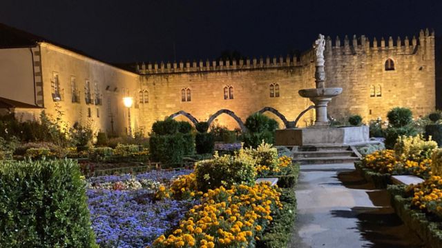 Nighttime in a Braga garden, with blooming flowers and a tranquil fountain illuminated under the stars.