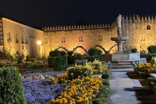Nighttime in a Braga garden, with blooming flowers and a tranquil fountain illuminated under the stars.